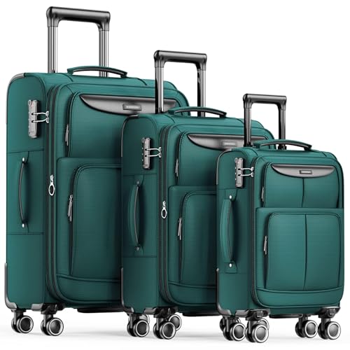 Image of SHOWKOO Luggage Sets 3 Piece Softside Expandable Durable Suitcase Sets | Durable Oxford Fabric;Lightweight;360°Double Spinner Wheels;TSA Lock;3-Step Telescoping Handle;Dark Green (20in/24in/28in)