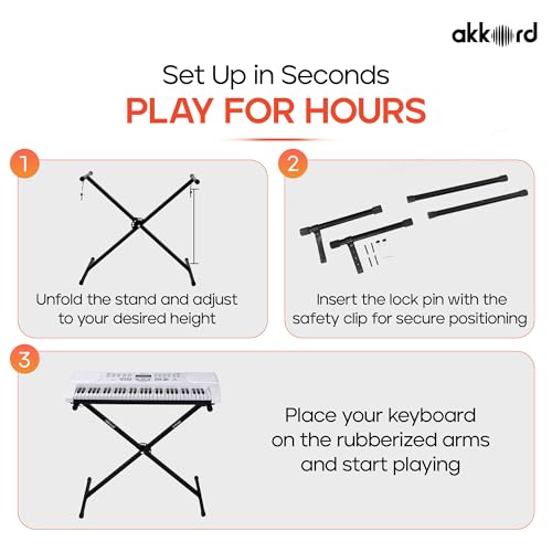 Image of Akkord Single X Adjustable Keyboard Stand for 61-Keys Keyboard - Foldable, Heavy-Duty Steel Frame, Non-Slip Rubber Caps, Secure Locking Pin, Height Adjustable for Digital Piano & MIDI Keyboards