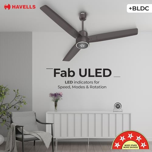Havells FAB BLDC ULED Ceiling Fan 1200mm, 5 star, LED Speed Indicator, 380 RPM, Up to 65% Savings,Reverse Rotation,4 Speed Modes,Low Wattage 30W,Low Noise,Air Flow:225 CMM, 3 Year Warranty,Cocoa Brown view 2