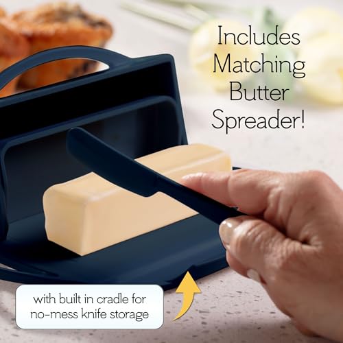 Image of Butterie Flip Top Butter Dish with Attached Lid & Matching Knife - Holds 2 Sticks, Fits Kerrygold /European Butter - BPA Free & Dishwasher Safe - Navy