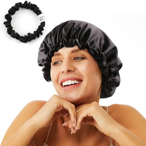 Image of Stain Bonnet Silk Sleep Cap Adjustable Satin Cap for Night Sleeping Hair Bonnet Reversible Double Layer