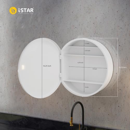 Image of iSTAR Round Wall Mirror with Storage Shelf | Bathroom Vanity Cabinet with Hidden Storage Cabinet | Wall Mounted, Bathroom, Bedroom, Living Room