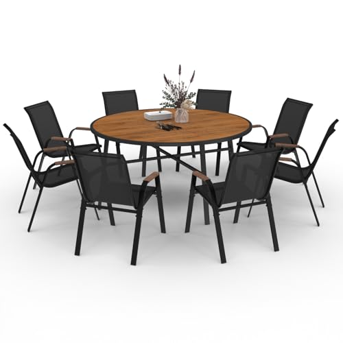 IDMarket - Salon de Jardin NOUMEA Table Ronde 150 cm Plateau Verre trempé Effet Bois et 8 chaises empilables Noir et Bois