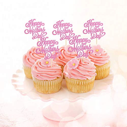Cyodoos Pack Of 48 Pink Glitter Happy Mother's Day Cupcake Topper Heart Cupcake Picks For Mother's Day Party Decoration #TOP4