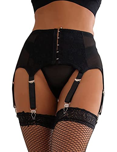 Ohmydear Women's Black Lace Garter Belts Plus Size Mesh Suspender Belt With 6 Straps Metal Clip For Thigh High Stockings #TOP30
