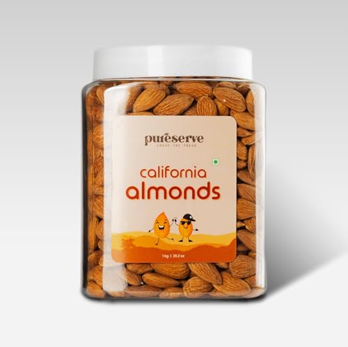 Image of Pureserve Natural California Almonds 1Kg - Whole Badam Giri | High in Protein, Fiber & Essential Nutrients | Boosts Immunity & Energy | 100% Natural, Gluten-Free Superfood | Jar Pack OF 1