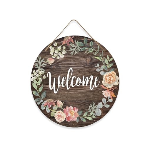 HIOQFR Bienvenido a Casa Puerta Cartel Welcome Decoracion Entrada Letrero Home Madera para Colgar Adorno de Puerta Letrero Vertical Colgante Letreros Decorativos Entrada,Porche,Primavera-Redondo