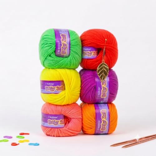 Image of Vardhman BabySoft Knitting Yarn | 100% Acrylic Wool | 4 Ply | Thin Knitting & Crocheting Hook Thread & Lightweight | Special Baby Wool | 150 Grams (6 Balls of 25g) | Machine Washable | Ideal for Blankets, Hats, Booties Ultra-Soft for Baby Sweaters, Blankets, Caps, Socks, Soft toys, Art & craft (Bright Fluorescent)