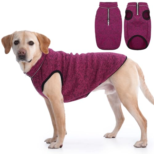 IECOii Dog Jacket for Large Dogs,XXXL Dog Sweater with Harness Hole,Reflective Dog Vest Large Dog Clothes Knit Dog Fleece Sweater for Extra Large Dogs,Golden Retriever,Labrador Coats,(Rosered,XXXL)