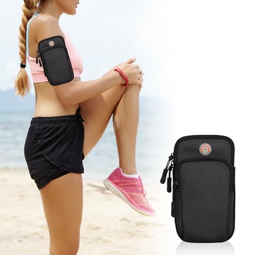 Braçadeira esportiva, academia de corrida, bolsa de braço universal para smartphone com orifício para fone de ouvido, bolsos multifuncionais, compatível com iPhone e mais, preta