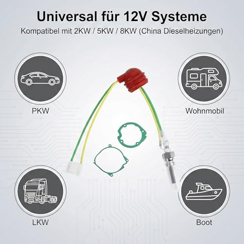 Yunova 12V Keramik Glühkerze Set für Diesel Standheizung 5KW 8KW – Universal Reparaturset für Auto, Wohnmobil & Boot, Kompatibel mit gängigen Luftheizungen, Inkl. Filter & Werkzeug, -40°C Start