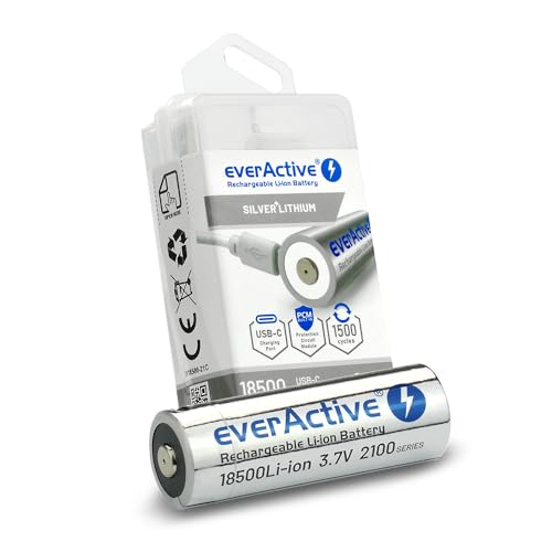 everActive Akku everActive 18500 3.7V Li-ion 2100 mAh mit USB-C, mit PCM Schutzschaltung, Vorgeladen - bis max. 30%, 1 Stück - EV18500-21M