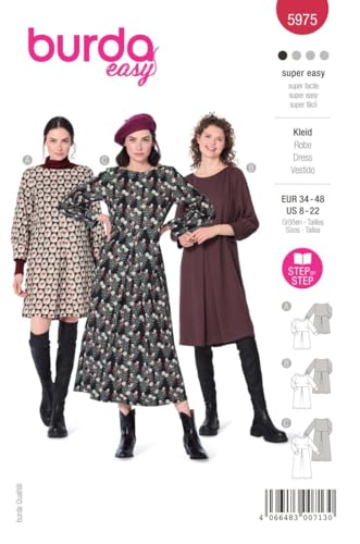 burda style Schnittmuster, 5975, Kleid selber nähen [Damen, Gr. 34 - 48] Level 1 für Anfänger, mehrfarbig