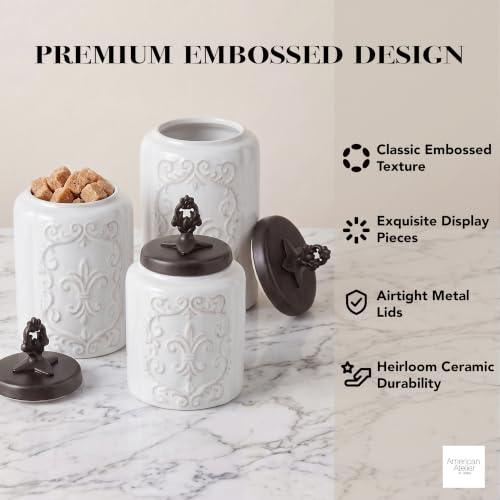 American Atelier Fleur de Lis White Canister Set 3-Piece Ceramic Jars in 84.5oz, 74.5oz, & 60oz Designed w/Airtight Stainless Steel Lids for Cookies, Candy, Coffee, Flour, Sugar, Rice, Pasta, Cereal - Image 3