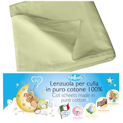 4BABIES - Lenzuolo sopra per culla - Lenzuolino lettino con sbarre - Biancheria da letto per bambini in 100% Cotone Made in Italy certificato OEKO-TEX - Verde Aloe