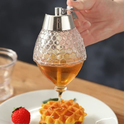 Image of No Drip Honey Dispenser Bottle with Stand | Honeycomb Honey Jar with Trigger Handle | Leakproof Syrup Dispenser for Honey, Maple Syrup, Olive Oil & Pancake Toppings