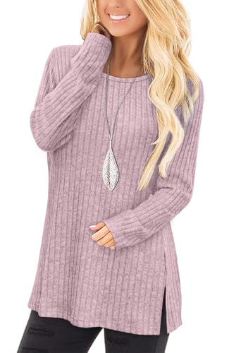 Image of Jescakoo Long Sleeve Shirts for Women Crew Neck Fall Tops Side Split Lightweight Tunic Sweaters Fashion Clothes 2025 S-4XL
