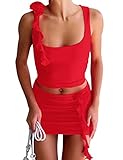 Meladyan Women's 2 Piece Outfits Rosette Flower Crop Tank Top And Bodycon High Waist Mini Skirt Set Tracksuit