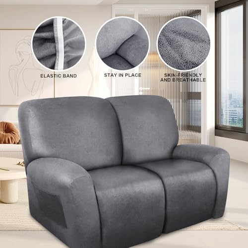 Image of ANARACHON Loveseat Recliner Cover Leather Look Recliner Loveseat Covers Recliner Sofa Cover for 2 Seater Reclining Couch Spandex Fabric Washable 6 Pieces (2 Seater, 01 Light Grey)