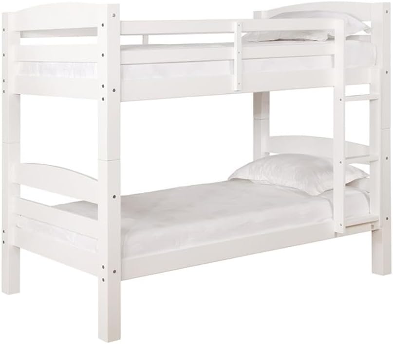 BOWERY HILL Twin Over Twin Solid Wood Bunk Bed, 80.5" W x 43.5" D x 67.5" H, Semi Gloss White Finish, Detachable Design, Built-in Ladder, Curved Slat Detail, Kids Bedroom Furniture