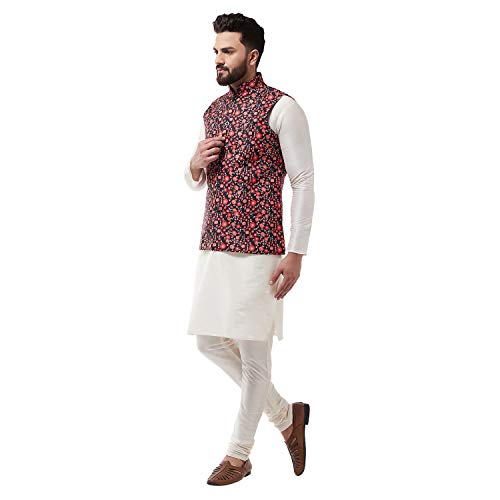 Image of SOJANYA (Since 1958, Men's Silk Blend Pink Kurta Pyjama & Printed Nehrujacket Combo