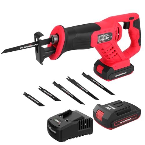 PowerSmart 20V Cordless Reciprocating Saw with 2.0Ah Battery and Charger, 3pcs Wood Blades and 2pcs Metal Blades Included
