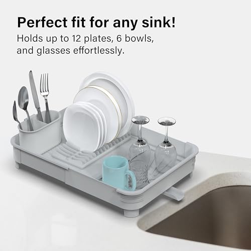 Extendable Dish Drainer Rack Foldable Dish Draining Rack with Removable Cutlery Holder Adjustable Dish Draining Board Rack with Swivel Drainage Spout Space-Saving Kitchen Drying Rack Light Grey - Image 2