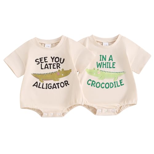 Image of GOOCHEER Baby Twins Outfits Newborn Boy Girl Short Sleeve Crocodile Print Bubble Romper Bodysuit 2Pack Summer Clothes (Apricot, 3-6 Months)
