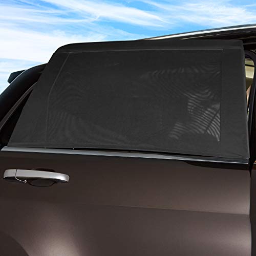 Image of amazon basics Mesh Pack of 2 Car Window Pullover Sun Shades| Lightweight Mesh with UV Protection | 112.5 x 50.8 Cm | Black
