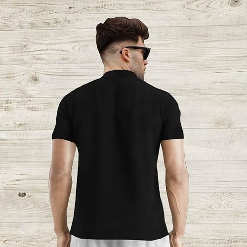 Image of Men's Black Half Sleeve T-Shirt with Zip Collar, Slim Fit Casual Wear