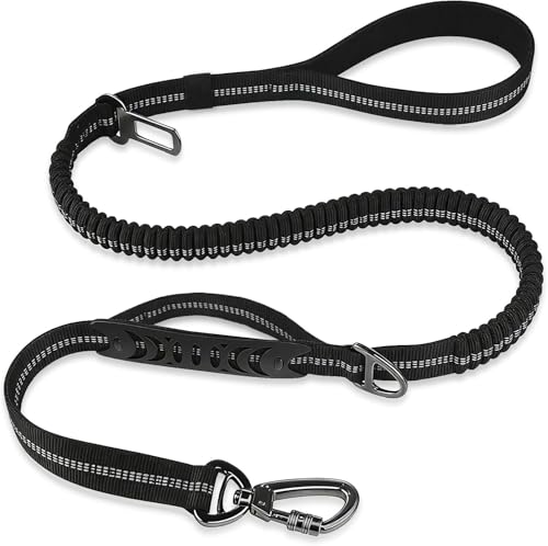 Bungee Dog Leash for Walking - 4-6FT Heavy Duty Dog Leash with Highly Reflective Threads and Buffer, with Car Seat Belt Buckle and Adjustable for Medium and Large Dogs（Black）