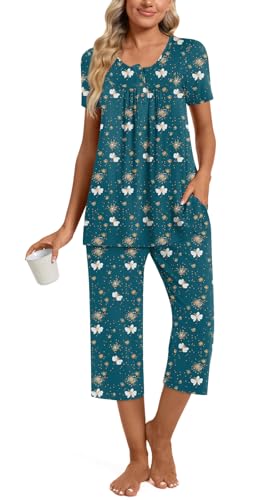 Image of Womens Summer Pajama Sets 2 Piece Short Sleeve Top and Capri Pants Plus Size Ladies Lounge Pjs Sets with Pockets
