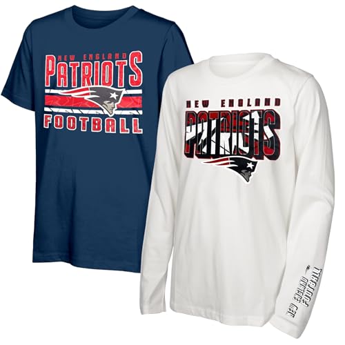 NFL Officially Licensed Kids Youth Boys 8-20 Primary Logo Wordmark in The Mix 2 Pack Long Sleeve T-Shirt Combo Set - New England Patriots - Large