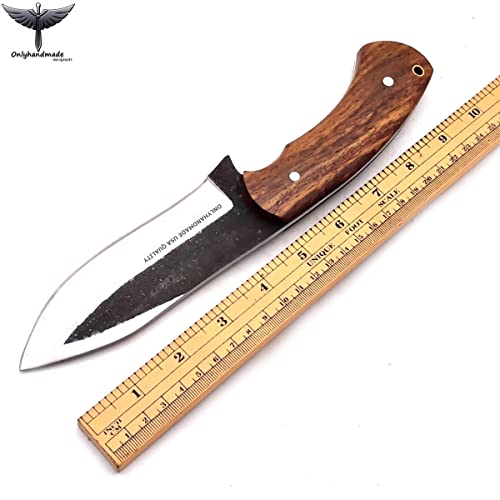 Fixed Blade Hunting Knife With Leather Sheath, 10'' Full Tang Hunting Skinner Knife / Bowie Knife With High Carbon Steel Blade, Non-Slip Rose Wooden Handle, Lanyard Hole, Camping Knife For Hiking, Outdoor, Hunting, Survival, Gift (Brown) #TOP1