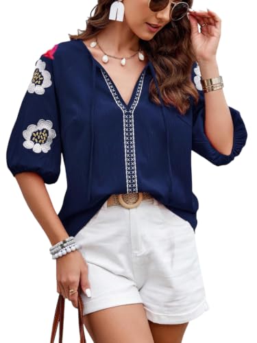 Image of Women's Summer Tops Floral Embroidered Puff Short Sleeve Shirts V Neck Boho Tunic Casual Blouse