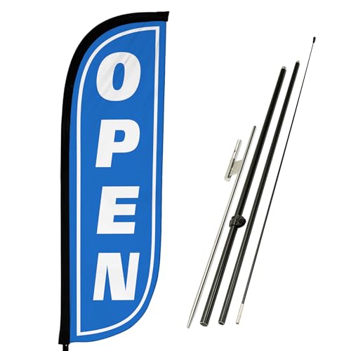 LookOurWay Feather Flag Pole Kit - 7 Feet Tall Advertising Banner with Fiberglass Pole Set and Ground Spike for Business Promotion - Open Flags - Open Blue & White