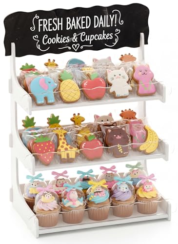 HOTCAN Cookie Display Stand for Bakers & Vendors with Acrylic Front | Wooden Dessert Stand with Chalkboard Sign for Market Booths, Craft Fairs & Events | 3 Tiered Cookie Display for Cupcakes, Muffins & Pastries (White)