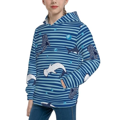 Sharks on White Blue Striped Kid Hoodies Boys Sweatshirts Girls Pullover with Pocket2