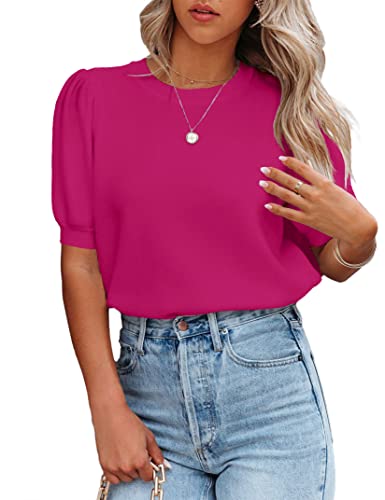Image of Womens Puff Short Sleeve Sweater Tops Crewneck Basic Knit Pullover Lightweight Casual Sweaters