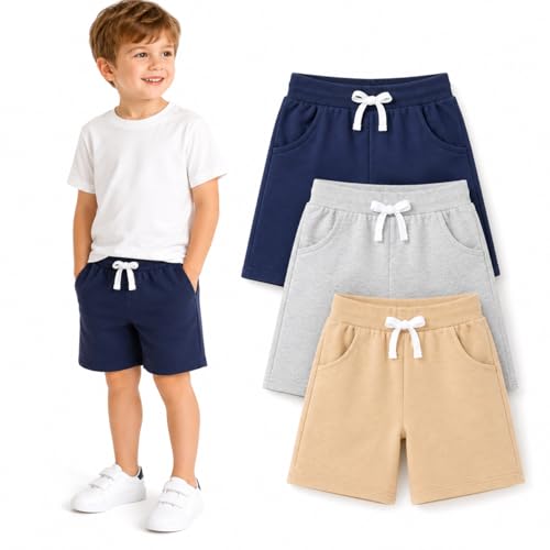 Image of HILEELANG Boys Sweat Shorts 3 Pack, French Terry Cotton Pull On Shorts with Pockets for Toddler Little Boys 2-7Y