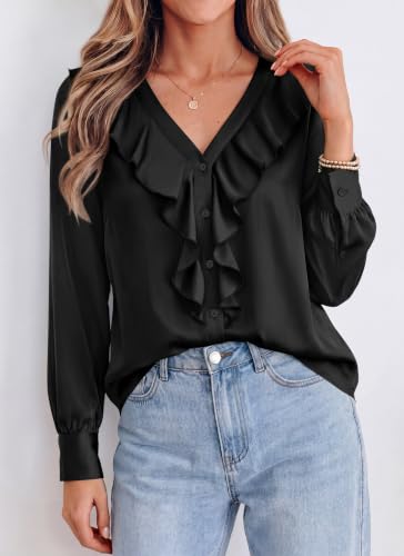 dowerme Womens Long Sleeve Tops Satin Ruffle Button Shirts - image 5