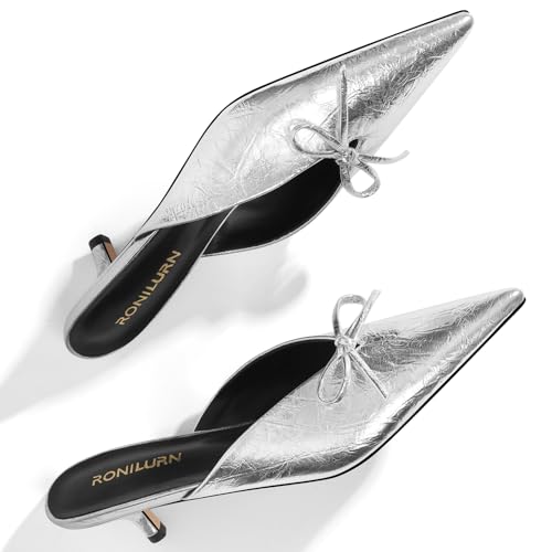 Image of Kitten Heels for Women Heeled Mules Stiletto Pumps Bow Closed Toe Pointed Toe Low Heel Slip on Fashion Metallic Backless Prom Party Dressy