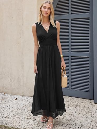 Image of ANRABESS Women's Floral Tulle Wedding Guest Maxi Dress | V Neck Sleeveless,A-Line Elastic Waist,Casual Flowy Formal Boho,Bridal Shower Garden Party Beach Vacation,Summer Fall