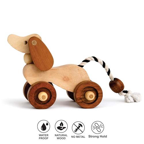 Image of Wooden Dog Pull-Along Toy for Toddlers | Natural Solid Wood | Cotton Pull String | No Metal | Eco-Friendly & Plastic-Free | Smooth Rolling Wheels | Nursery Decor Toy (1.5-4 Years)