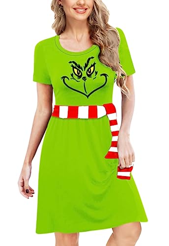 Deerose Vestido feminino estampado Grinch manga curta engraçado cintura elástica verão, verde, médio