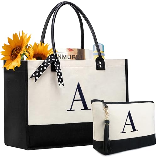 Image of BeeGreen Embroidery Monogram Initial Tote Bag Gift for Women Teacher Mom Friend Personalized Gift for Birthday Beach
