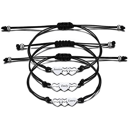INBLUE Juego de Pulseras de Corazón a Juego Personalizadas, Nombre Personalizado, 3 Piezas, Plata Juego de Pulseras de Acero Inoxidable BFF, Regalo de Amistad para Hermanas, Mejores Amigas, Mujeres Cover