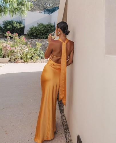 Satin Bridesmaid Dress for Women Bodycon Halter Backless Floor Length Formal Party Dresses KA0024