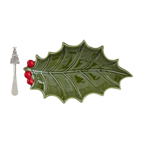 Mud Pie Ceramic Holly Platter; platter 6 3/4" x 11 3/4" | spreader 5 1/2"