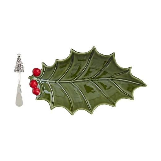Mud Pie Ceramic Holly Platter; platter 6 3/4" x 11 3/4" | spreader 5 1/2"
